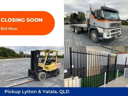 2003 Volvo FM 6x4 Crane Truck, Dog Trailer, Forklifts & Fencing Materials | Lytton & Yatala QLD | Pick Up Only