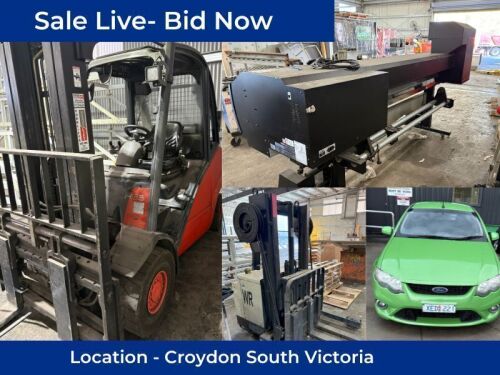 Major Industrial Equipment Auction &ndash; Featuring 3.5T Linde LPG Forklift, Crown Walkie Reach Stacker, Roland SOLJET Digital Printer, 2009 FORD FALCON XR6 &ndash; Plus over 50 Lots of Machinery, Tools & More