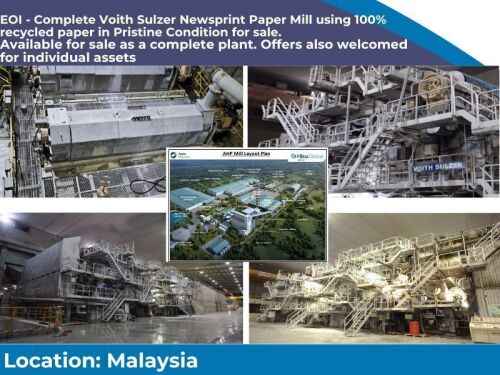 Expression of Interest | Complete Voith Sulzer Paper Mill using 100% recycled paper in Pristine Condition for sale. Available for sale as a complete plant. Offers also welcomed for individual assets