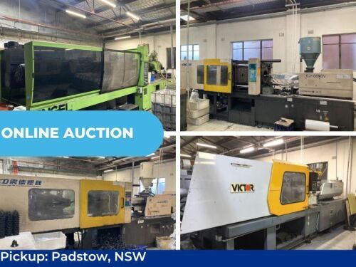 Plastics Manufacturing Machinery Sale - Plastic Injection Moulding Machines including 2006 Engel 300, Chen De, 1993 Victor VS250 With Zerma Shredder, Genox Granulator, Incline Conveyor, Bagging Station and More