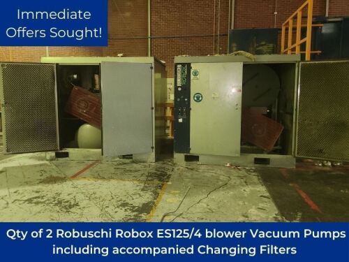 Immediate Offers Invited | 2 x Robuschi Robox ES125/4 blower Vacuum Pumps including filter assembly, valves and pipework including accompanied Changing Filters