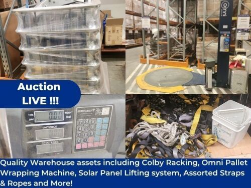 Unreserved Site Closure Auction - OVER 80 Bays of Colby Adjustable Pallet Racking, 2021 Omni Auto Pallet Wrapper, Geda 250 materials lifter (solar panels), Weighing Scale and MORE!