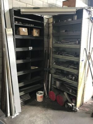 Qty. 2 steel shelf units and contents including steel off cuts