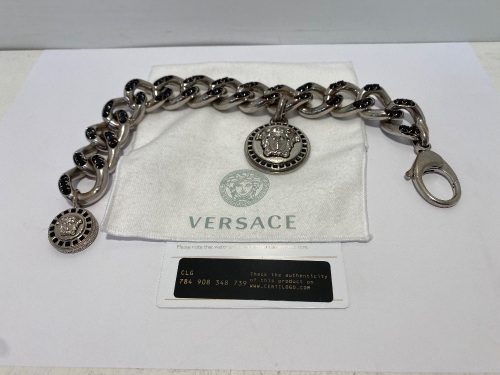 Versace Silver Bracelet Black Rhinestone W/Medusa Emblem Charm