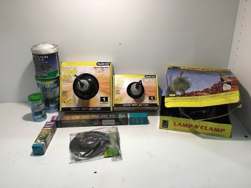Box of assorted tank Light fixtures and pellet food