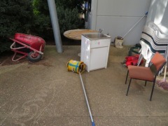 Quantity of 4 Metal Frames, 1750 x 1900mm, Wheel Barrow, Laundry Sink, Plastic Chairs, Mop Buckets