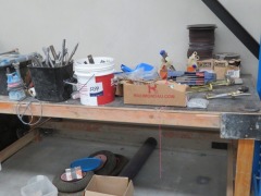 Contents of Bench including Grinding Discs, Rock Drill, Tools, Tool Boxes etc