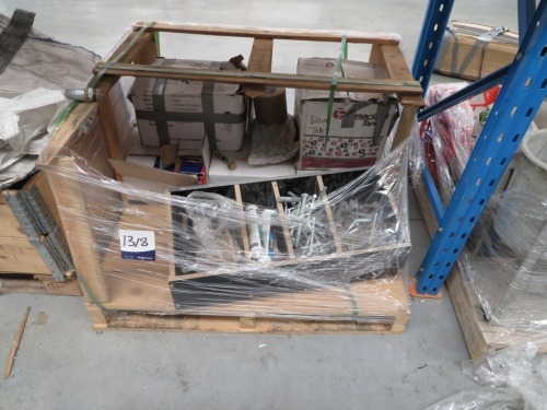 Quantity of 6 Boxes of Hardware on Pallet containing Tape, Bolts, Nuts, Powers 25 x 14mm, 115 Fasteners