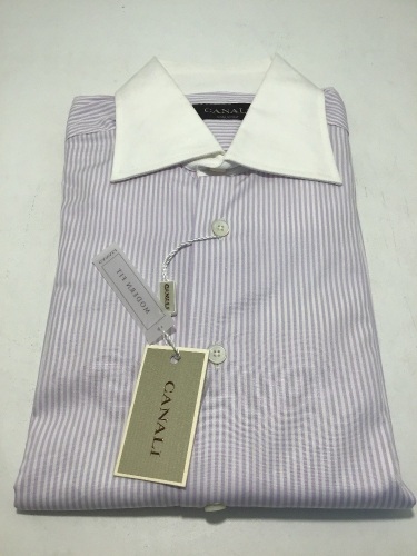 Canali Salmon Stripe White Collar & Cuff Long Sleeve Shirt Size: 38