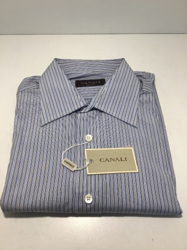 Canali Blue/Yellow/Black Stripe Double Cuff Long Sleeve Shirt Size 38