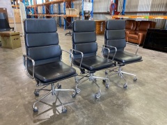 3 x High Black Leather Executive Chair, Stainless Steel Base