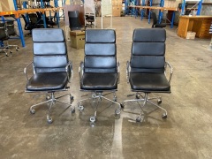 3 x High Black Leather Executive Chair, Stainless Steel Base - 2