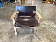 Reception Armchair, Brown Leather on Metal Frame - 2
