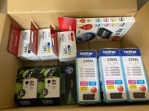 Box of Genuine Brother, HP and Canon Printer Inks
