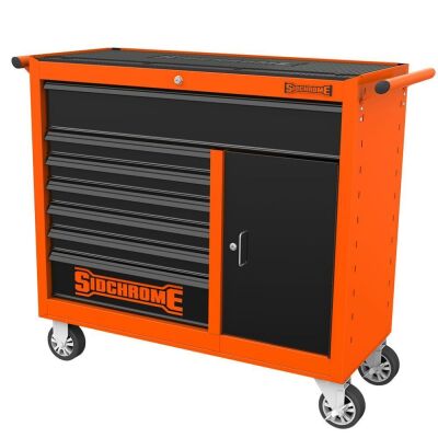 SIDCHROME 7-Drawer Wide Body Roller Tool Cabinet with Heavy Duty Shelf. Orange/Black (SCMT50227GB)