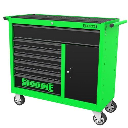 SIDCHROME 7-Drawer Wide Body Roller Tool Cabinet with Heavy Duty Shelf. Green/Black.(SCMT50227GB)