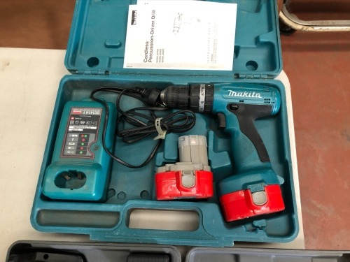 2 x Cordless Power Drills comprising, 1 x Makita 14.4 Volt Drill in Case, with 2 x Batteries & Charger. 1 x Ryobi 18 Volt Drill in Case, with 1 x Battery & Charger