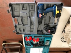 2 x Cordless Power Drills comprising, 1 x Makita 14.4 Volt Drill in Case, with 2 x Batteries & Charger. 1 x Ryobi 18 Volt Drill in Case, with 1 x Battery & Charger - 2