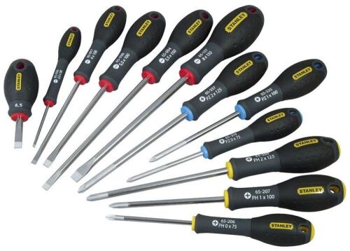 STANLEY FatMax 12pc Screwdriver Set Contents: Parallel 3mm X 50mm, 4mm X 100mm. Flared 5.5mm X 100mm, 6.5mm X 150mm, 8mm X 150mm. Philips PH00 X 50mm, PH0 X 75mm, PH1 X 100mm, PH2 X 125 mm. Voltage Tester.(5-65-426)