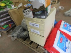 Pallet containing 6 x Pair of Gumboots, Size 13, 5 x assorted Sleeping Bags, 2 x Tontine King Doonas, 2 x Child's Table & Chair, 1 x 3 Drawer Pedestal, assorted Torches & Toys, Gas Lighters, AA & AAA Batteries, 24 x Packs - 2