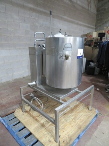 Stainless Steel Commercial Hot Water Heated Jacketed Tipping Kettle on Stand, Make: Garland, Serial No: 884289