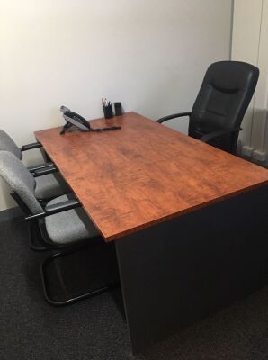 Assorted Office Furniture Including Desk, Boardroom Table, Pedestals, Bookcases & Components. Some Requiring Re Assembly
