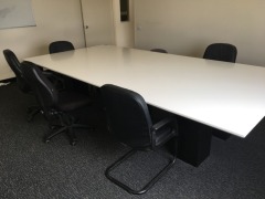 Boardroom Table, White Laminate Top, 3550mm L x 1750mm W; Whiteboard, 7 x Chairs