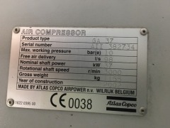 Atlas Copco Packaged AIR COMPRESSOR Type GA37FF, 39614 Hours, 37Kw (2002) - 2