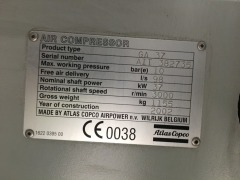 Atlas Copco Packaged AIR COMPRESSOR Type GA37FF, 45730 Hours, 37Kw (2002) S/N AII382735 - 2