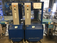 QTY 2 STRAPPERS Mosca, Type: RO-TRI-6 SN108559 (2014), 108558 (2014), Longitudinal & Latitudinal Strapping with Exit Conveyor