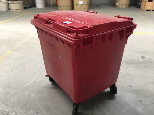 1 x Red Plastic Mobile Waste Hopper with Lid, 1100 x 930 x 1000mm D