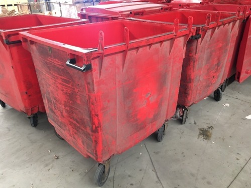 8 x Red Plastic Mobile Waste Hoppers (No Lids)