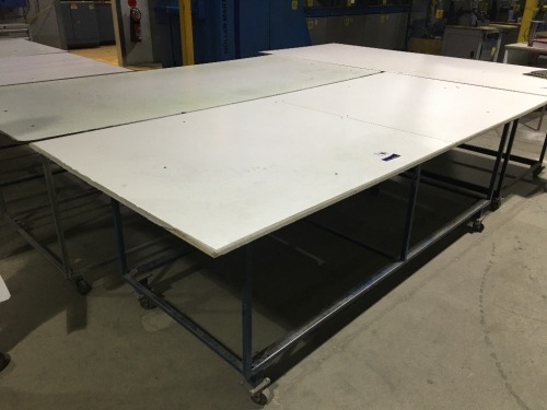 4 x Packing Tables, Chipboard Top, Steel frame on Wheels