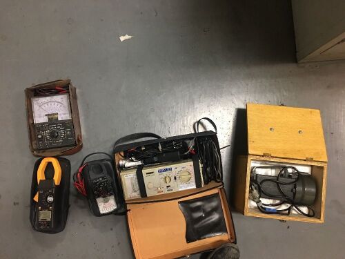 Electrical Test Equipment in Cabinets comprising; LH 1040 Conductor, Kyoritsu Kew Snap 2608A, Hioki 8202 Micro Hi Corder, Strobe Light, Soldering Irons & Sundry Items