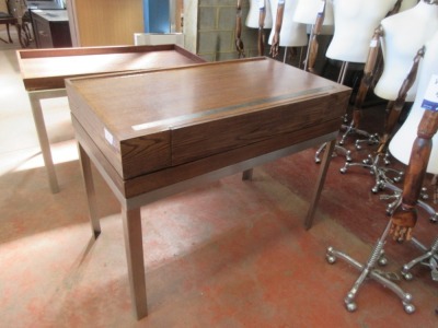 2 x Display Tables, Metal Bases, Timber Tops with Drawer & Metal Roller, 1130 x 620 x 900mm H