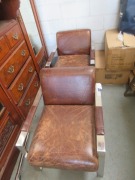 2 x Leather Chairs, Polished Metal Frames