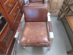 2 x Leather Chairs, Polished Metal Frames - 2
