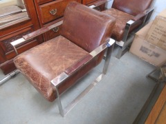 2 x Leather Chairs, Polished Metal Frames - 3