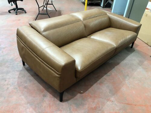 King Living 2.5 Seater Sofa, Upholstered in Tan Leather, Timber Legs