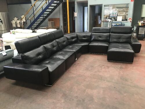 5 Piece Black leather modular lounge suite with chaise