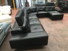 5 Piece Black leather modular lounge suite with chaise - 2