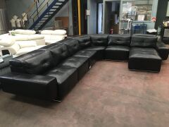 5 Piece Black leather modular lounge suite with chaise - 6