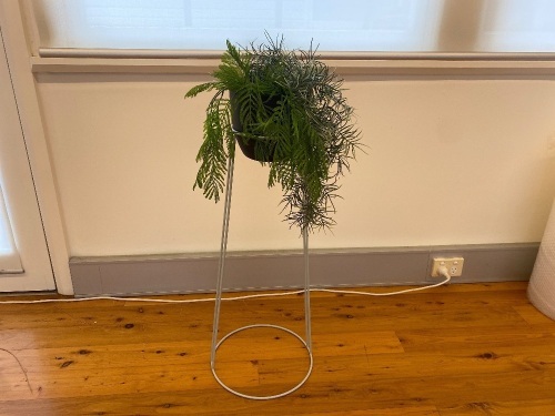 Small Faux Office Plant in Black Pot on White Wire Stand