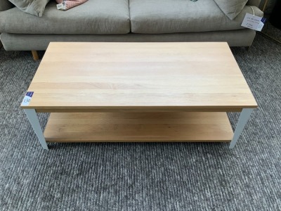 Industrial Coffee Table, White Steel Legs, Hardwood Top