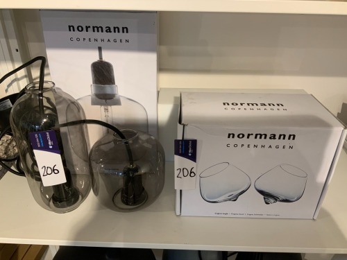 Quantity of 3 x Normann Light Fittings & a Set of 2 Wine Glasses