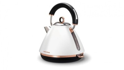 Morphy Richards 1.5L Accents Rose Gold Pyramid Kettle - White 102108 - First image used as a guide ONLY. Carton and\or items have been severly affected by water damage.