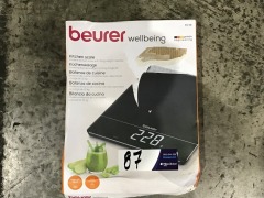 DNL-NR Beurer KS34 Glass Digital Kitchen Scale KS34 - First image used as a guide ONLY. Carton and\or items have been severly affected by water damage. - 2