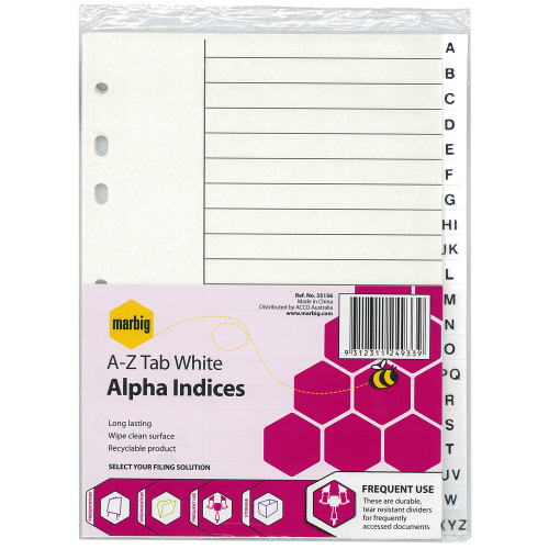 1 x carton of MARBIG INDICES WHITE PP A5 A-ZTAB. Model :35156