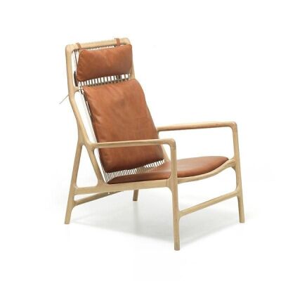 Gazzda Dedo Lounge Chair, Oak Timber Frame, Dakar Leather (Whisky) Cushions, 770 x 880 x 1020mm H