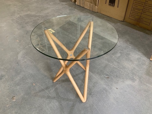 Round Side Table, Sean Dix Design, Timber Frame, White Oak Natural, with 540mm Dia Glass Top, 10mm Thick
